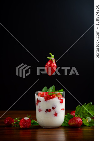 Sweet berry dessert with white cream and mint Sweet berry dessert with white cream and mint 139974250