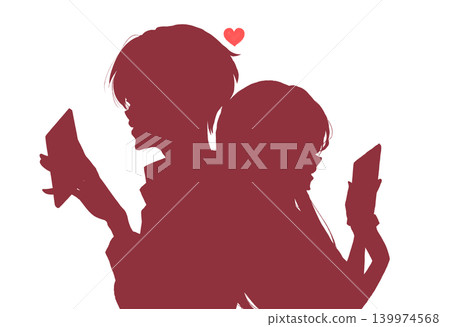 一男一女背靠背地操作智慧型手機；浪漫；剪影。 139974568