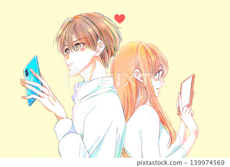 一男一女背靠背站著，各自操作智慧型手機。浪漫。 139974569