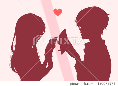 Men and women operating smartphones, facing each other, silhouette Men and women operating smartphones, facing each other, silhouette 139974571