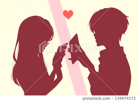 Men and women operating smartphones, facing each other, silhouette Men and women operating smartphones, facing each other, silhouette 139974572
