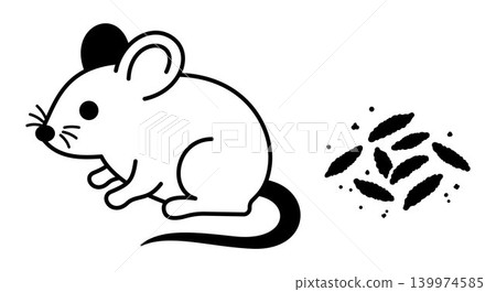 Mouse and droppings illustration, black rodent icon with feces for hantavirus risk, pest infestation, contamination warning, hygiene safety and public health prevention design Mouse and droppings illustration, black rodent icon with feces for hantavirus risk, pest infestation, contamination warning, hygiene safety and public health prevention design 139974585