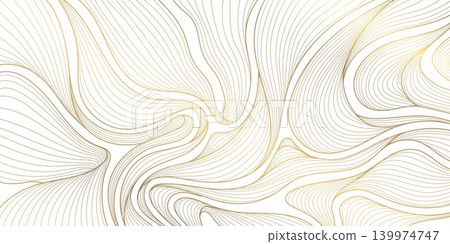 Luxury Art Deco floral pattern with elegant gold line leaves, flowing wave elements background. Vector illustration Japanese ornament with tropical foliage, wallpaper, tea packaging, summer decor. 139974747