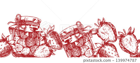 Seamless border of strawberries and strawberry jam. Vector illustration in sketch style. Seamless border of strawberries and strawberry jam. Vector illustration in sketch style. 139974787
