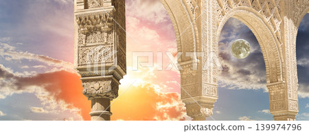 Arches in Islamic (Moorish) style (against the sunset) in Alhambra, Granada, Spain 139974796