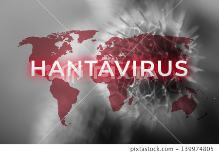 Conceptual image of Hantavirus global spread with a world map and virus cell structure. Medical illustration showing the threat of a viral outbreak and pandemic awareness Conceptual image of Hantavirus global spread with a world map and virus cell structure. Medical illustration showing the threat of a viral outbreak and pandemic awareness 139974805
