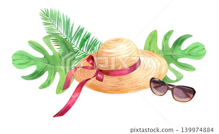 Banner of the straw hat, sunglasses, monstera and palm branches. Watercolor illustration. Handmade art work. For packaging design, cards, cover, prints, product labels and fabric. Banner of the straw hat, sunglasses, monstera and palm branches. Watercolor illustration. Handmade art work. For packaging design, cards, cover, prints, product labels and fabric. 139974884