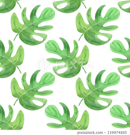 Seamless pattern of the monstera leaves. Watercolor illustration. Handmade art work. For packaging design, cards, cover, prints, product labels and fabric. Seamless pattern of the monstera leaves. Watercolor illustration. Handmade art work. For packaging design, cards, cover, prints, product labels and fabric. 139974885