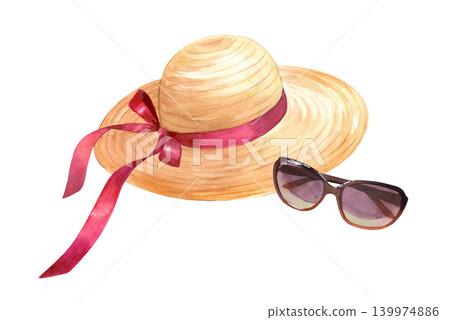 Straw hat and sunglasses. Watercolor illustration. Handmade art work. For packaging design, cards, cover, prints, product labels and fabric. Straw hat and sunglasses. Watercolor illustration. Handmade art work. For packaging design, cards, cover, prints, product labels and fabric. 139974886