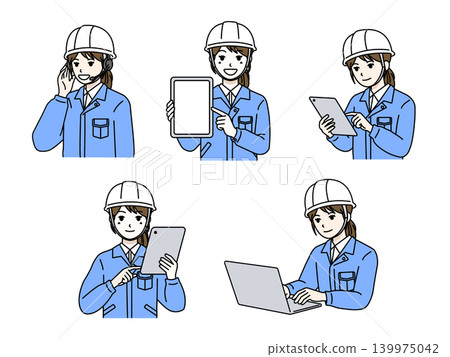 女性工人頭盔 5 件組:平板電腦顯示器、對講通訊、PC 操作、平板電腦確認、標籤。 女性工人頭盔 5 件組:平板電腦顯示器、對講通訊、PC 操作、平板電腦確認、標籤。 139975042