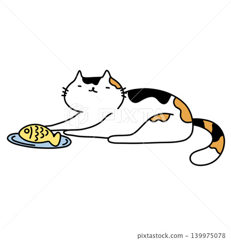 hand drawn illustration of a cute calico cat with happy meal cat food hand drawn illustration of a cute calico cat with happy meal cat food 139975078