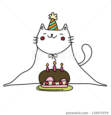 hand drawn illustration of a cute white cat with happy birthday cake 139975079