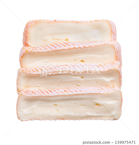 Slices of French soft cheese with washed rind. Cheese made from cow milk, featuring a washed, edible orange-red rind, and a creamy, slightly runny texture. Close-up, from above, isolated food photo Slices of French soft cheese with washed rind. Cheese made from cow milk, featuring a washed, edible orange-red rind, and a creamy, slightly runny texture. Close-up, from above, isolated food photo 139975471