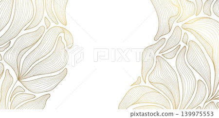 Elegant abstract floral pattern, luxury art deco golden line leaves, flowers, flowing wave ornament. Modern vector illustration, botanical texture, wallpaper, poster, spa branding, invitation. Elegant abstract floral pattern, luxury art deco golden line leaves, flowers, flowing wave ornament. Modern vector illustration, botanical texture, wallpaper, poster, spa branding, invitation. 139975553