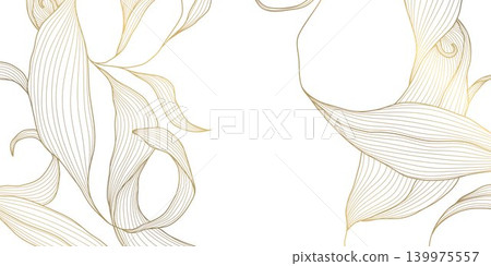 Elegant abstract floral pattern, luxury art deco golden line leaves, flowers, flowing wave ornament. Modern vector illustration, botanical texture, wallpaper, poster, spa branding, invitation. Elegant abstract floral pattern, luxury art deco golden line leaves, flowers, flowing wave ornament. Modern vector illustration, botanical texture, wallpaper, poster, spa branding, invitation. 139975557