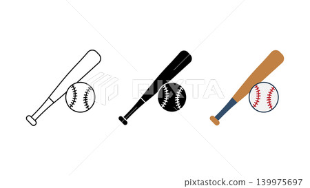 Baseball bat and ball icon set outline silhouette and color vector isolated on white background 139975697