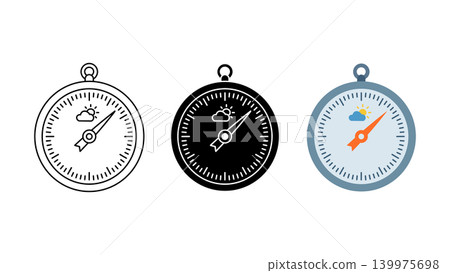Compass with weather symbol icon set outline silhouette and color vector isolated on white background Compass with weather symbol icon set outline silhouette and color vector isolated on white background 139975698