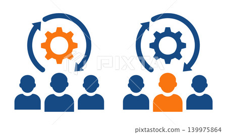 Vector illustration showing two concepts of workflow management. Left side focuses on automation and machinery (orange gear). Right side focuses on the human element and leadership in a team (orange p Vector illustration showing two concepts of workflow management. Left side focuses on automation and machinery (orange gear). Right side focuses on the human element and leadership in a team (orange p 139975864