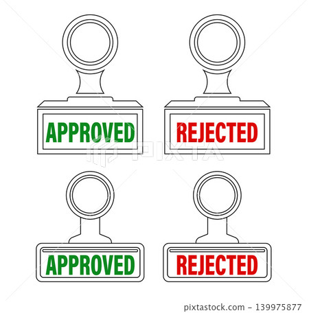 Vector outline illustration of four vintage office rubber stamps. Features two different handle designs with green "APPROVED" and red "REJECTED" text indicators. Clean line art graphic elements isolat Vector outline illustration of four vintage office rubber stamps. Features two different handle designs with green "APPROVED" and red "REJECTED" text indicators. Clean line art graphic elements isolat 139975877