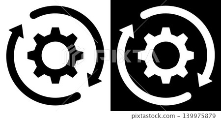Minimalist vector icon featuring a gear inside circular refresh arrows. Provided in two inverted options: black on white background and white on black. Symbolizes workflow optimization, system integra Minimalist vector icon featuring a gear inside circular refresh arrows. Provided in two inverted options: black on white background and white on black. Symbolizes workflow optimization, system integra 139975879