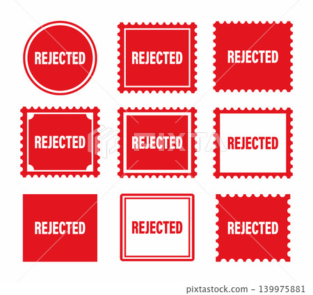 Vector set of nine red business stamps with "REJECTED" text. Features round, square, and rectangular shapes designed as vintage postage marks with scalloped edges, alongside modern minimalist flat off Vector set of nine red business stamps with "REJECTED" text. Features round, square, and rectangular shapes designed as vintage postage marks with scalloped edges, alongside modern minimalist flat off 139975881