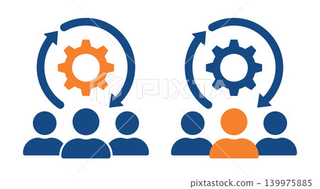 Vector illustration showing two concepts of workflow management. Left side focuses on automation and machinery (orange gear). Right side focuses on the human element and leadership in a team (orange p Vector illustration showing two concepts of workflow management. Left side focuses on automation and machinery (orange gear). Right side focuses on the human element and leadership in a team (orange p 139975885