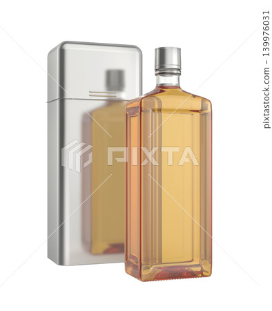 Bottle of whisky and a shiny metal box 139976031