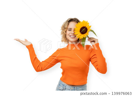 Woman holds a sunflower close to her face and smiles, PNG Woman holds a sunflower close to her face and smiles, PNG 139976063