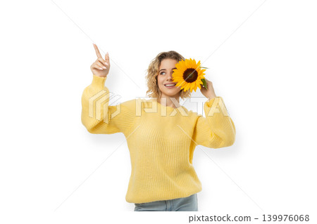 Young woman with sunflower points and smiles with joy, PNG Young woman with sunflower points and smiles with joy, PNG 139976068