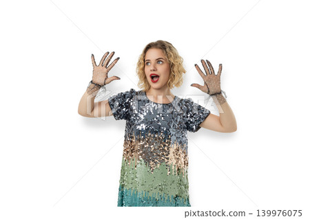 Curly-haired woman excitedly raises her hands, PNG Curly-haired woman excitedly raises her hands, PNG 139976075