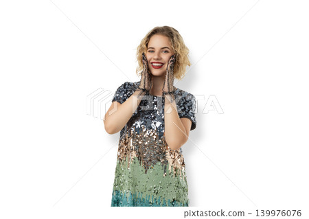 Woman smiles with hands on her face showing happiness, PNG Woman smiles with hands on her face showing happiness, PNG 139976076