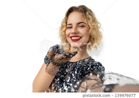 Young woman with curly hair smiles and blows a kiss, PNG Young woman with curly hair smiles and blows a kiss, PNG 139976077