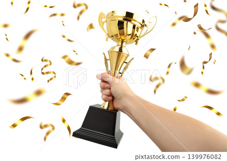 Trophy, Hand holds golden cup with confetti, PNG Trophy, Hand holds golden cup with confetti, PNG 139976082