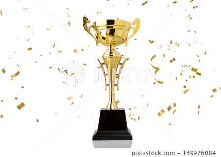 Trophy, Golden cup on black base, confetti nearby, PNG 139976084