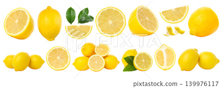 Lemons cut in different ways with green leaves, PNG 139976117