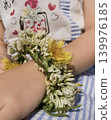 A child's hands making a white clover flower crown. 139976185