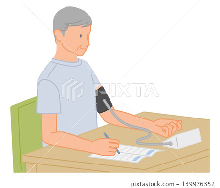 Senior men who measure and record their blood pressure at home Senior men who measure and record their blood pressure at home 139976352