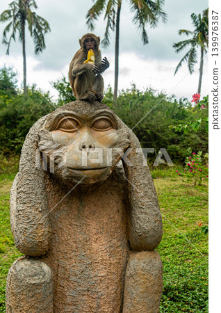 A monkey on a statue at the Monkey Island Park in Nha Trang in Vietnam A monkey on a statue at the Monkey Island Park in Nha Trang in Vietnam 139976387