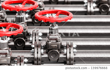 Industrial pipeline system 3d red valves Industrial pipeline system 3d red valves 139976668