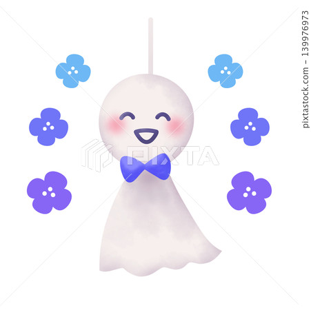 Illustration of a smiling teru teru bozu (weather doll) and hydrangeas Illustration of a smiling teru teru bozu (weather doll) and hydrangeas 139976973