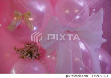 Pink Balloons with White Silk Bow and Small White Flowers for Baby Shower or Wedding Celebration 139977021