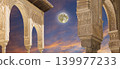 Arches in Islamic (Moorish) style (against the sunset with the super moon) in Alhambra, Granada, Spain 139977233