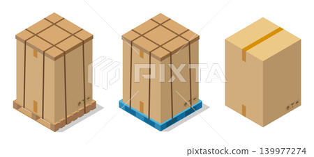A logistics illustration showing large cardboard boxes stacked high on pallets. A logistics illustration showing large cardboard boxes stacked high on pallets. 139977274