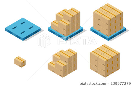 Illustration of cardboard boxes stacked on wooden and plastic pallets. Illustration of cardboard boxes stacked on wooden and plastic pallets. 139977279