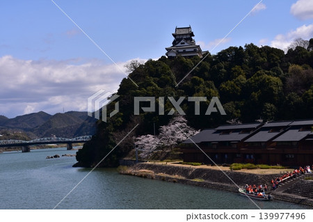 Inuyama City, Aichi Prefecture, Japan: Inuyama Castle and cherry blossoms in full bloom in spring; a sightseeing boat on the Kiso River moored at the shore; tourists boarding the boat. Inuyama City, Aichi Prefecture, Japan: Inuyama Castle and cherry blossoms in full bloom in spring; a sightseeing boat on the Kiso River moored at the shore; tourists boarding the boat. 139977496