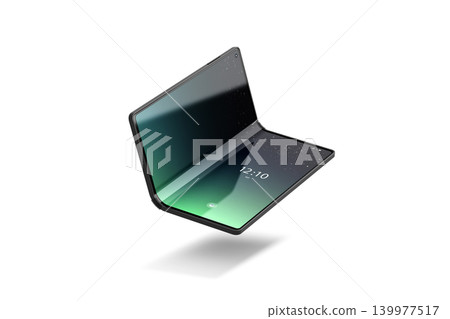 Blank turned on flexible book phone display opened mockup png, transparent background, 3d rendering. Empty elastic book smarphone with splash screen mock up cut out. Clear half folded gadget template. Blank turned on flexible book phone display opened mockup png, transparent background, 3d rendering. Empty elastic book smarphone with splash screen mock up cut out. Clear half folded gadget template. 139977517