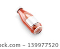 Blank transparent glass tomato juice bottle with white label mockup png, transparent background, 3d rendering. Empty tomatoes beverage in jar lying mock up cut out. Clear plant soda canned template. 139977520