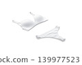 Blank white lingerie complect with bra and thong mockup png, transparent background, 3d rendering. Empty female bikini kit with brassiere and briefs mock up, cut out. Clear woman underclothing set. 139977523