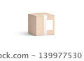 Blank white shipping label on craft box mockup png, transparent background, 3d rendering. Empty carton package with sticker for order logistic mock up cut out. Clear shipping adhesive tag template. 139977530