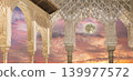 Arches in Islamic (Moorish) style (against the sunset with the super moon) in Alhambra, Granada, Spain 139977572